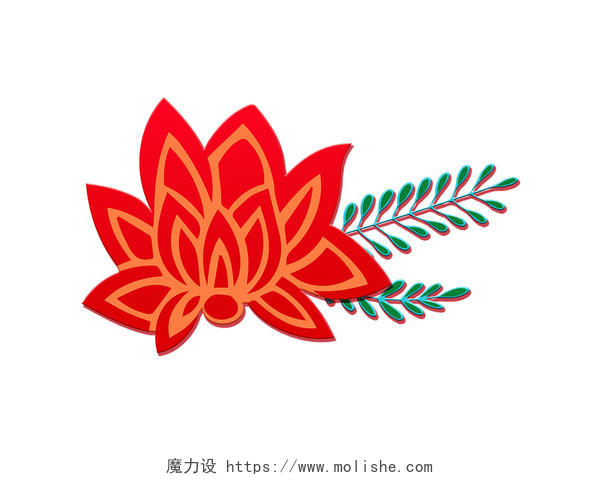 红色手绘卡通剪纸风牡丹花新年花新年春节元素PNG素材